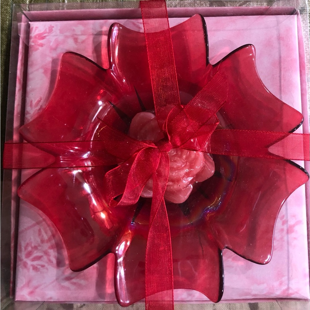 Red Glass Soap Dish with Rose Soap